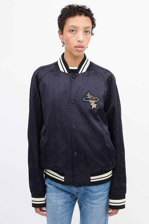 Valentino Navy Satin Embellished Bomber Jacket