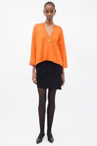 Valentino Orange Cashmere VGold Logo V-Neck Sweater