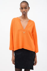 Valentino Orange Cashmere VGold Logo V-Neck Sweater