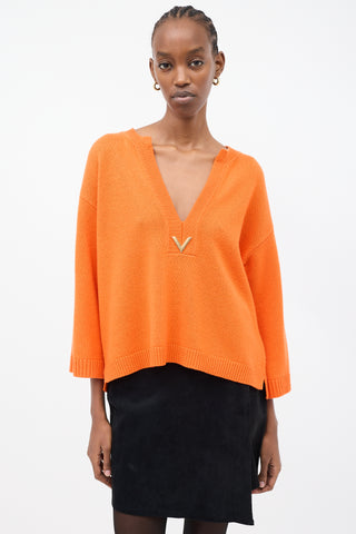 Valentino Orange Cashmere VGold Logo V-Neck Sweater