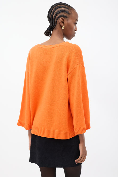 Valentino Orange Cashmere VGold Logo V-Neck Sweater