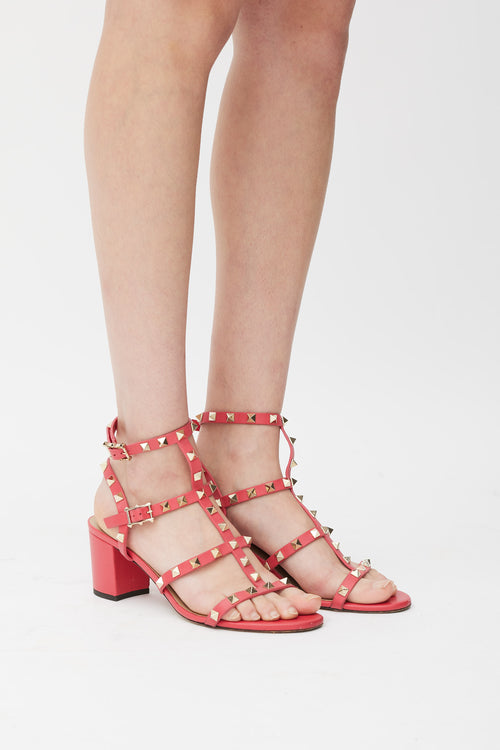 Valentino Pink & Gold Leather Rockstud Caged Sandal