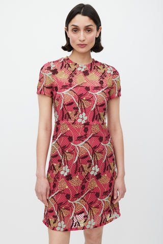 Valentino Pink & Multicolour Floral Lace Overlay Sheath Dress