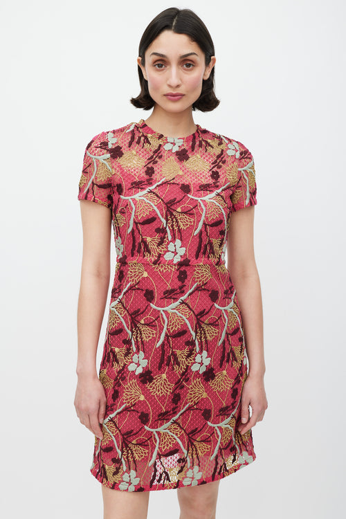 Valentino Pink & Multicolour Floral Lace Overlay Sheath Dress