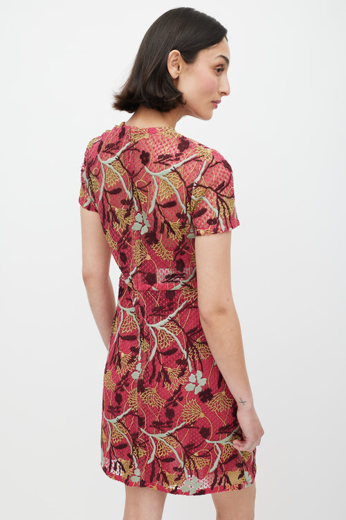 Valentino Pink & Multicolour Floral Lace Overlay Sheath Dress