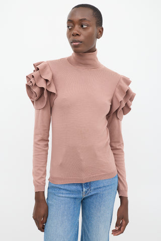 Valentino Pink Wool Ruffled Shoulder Turtleneck Top