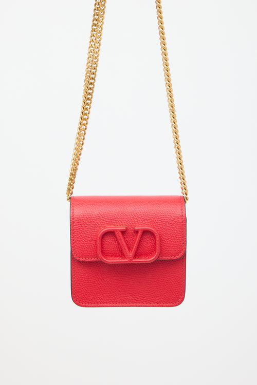 Valentino Red Leather VLogo Chain Small Wallet On Chain