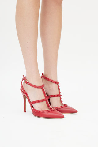 Valentino Red Leather Tonal Rockstud Caged Pump
