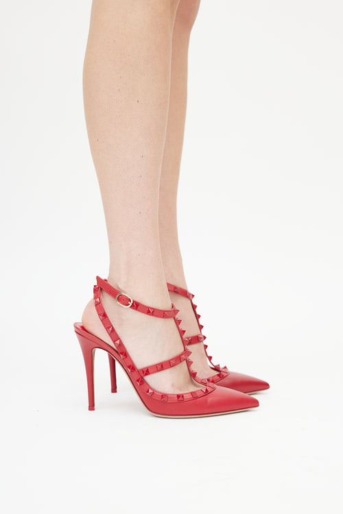 Valentino Red Leather Tonal Rockstud Caged Pump
