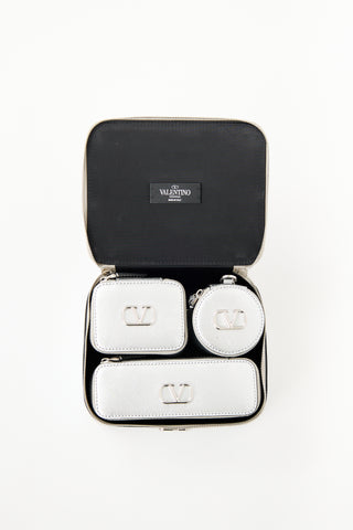 Valentino Silver Metallic Leather VLogo Signature Wash Bag
