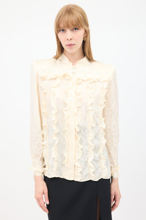 Valentino Vintage Cream Silk Floral Jacquard Ruffle Blouse