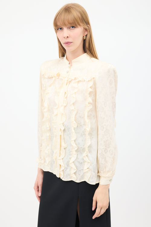 Valentino Vintage Cream Silk Floral Jacquard Ruffle Blouse