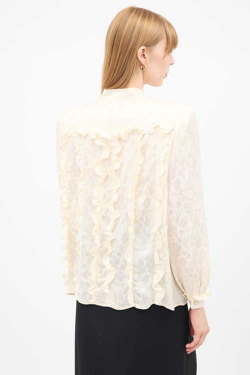 Valentino Vintage Cream Silk Floral Jacquard Ruffle Blouse