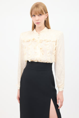 Valentino Vintage Cream Silk Floral Jacquard Ruffle Blouse