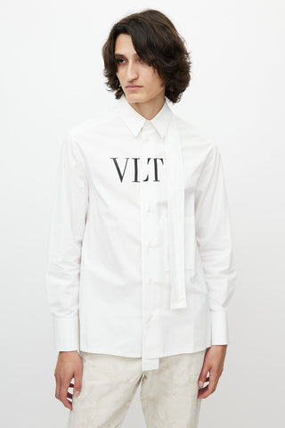 Valentino White & Black Cotton Logo Button Up Shirt