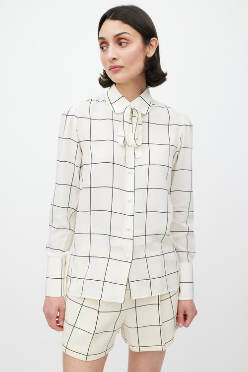 Valentino White & Black Silk Printed Tie Neck Shirt