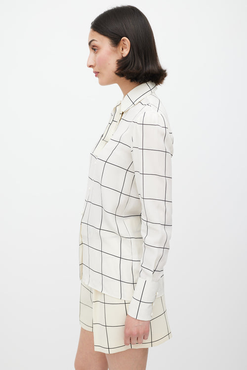 Valentino White & Black Silk Printed Tie Neck Shirt