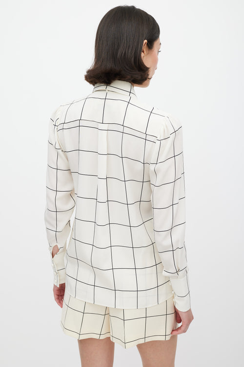Valentino White & Black Silk Printed Tie Neck Shirt