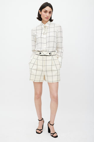 Valentino White & Black Silk Printed Tie Neck Shirt