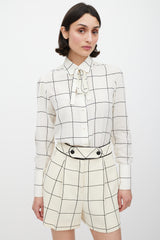Valentino White & Black Silk Printed Tie Neck Shirt