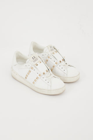 Valentino White & Gold Leather Untitled Rockstud Sneaker