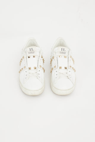 Valentino White & Gold Leather Untitled Rockstud Sneaker
