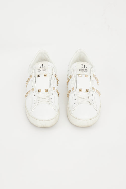 Valentino White & Gold Leather Untitled Rockstud Sneaker