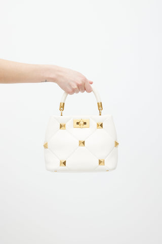 Valentino White & Gold Roman Stud Quilted Leather Bag