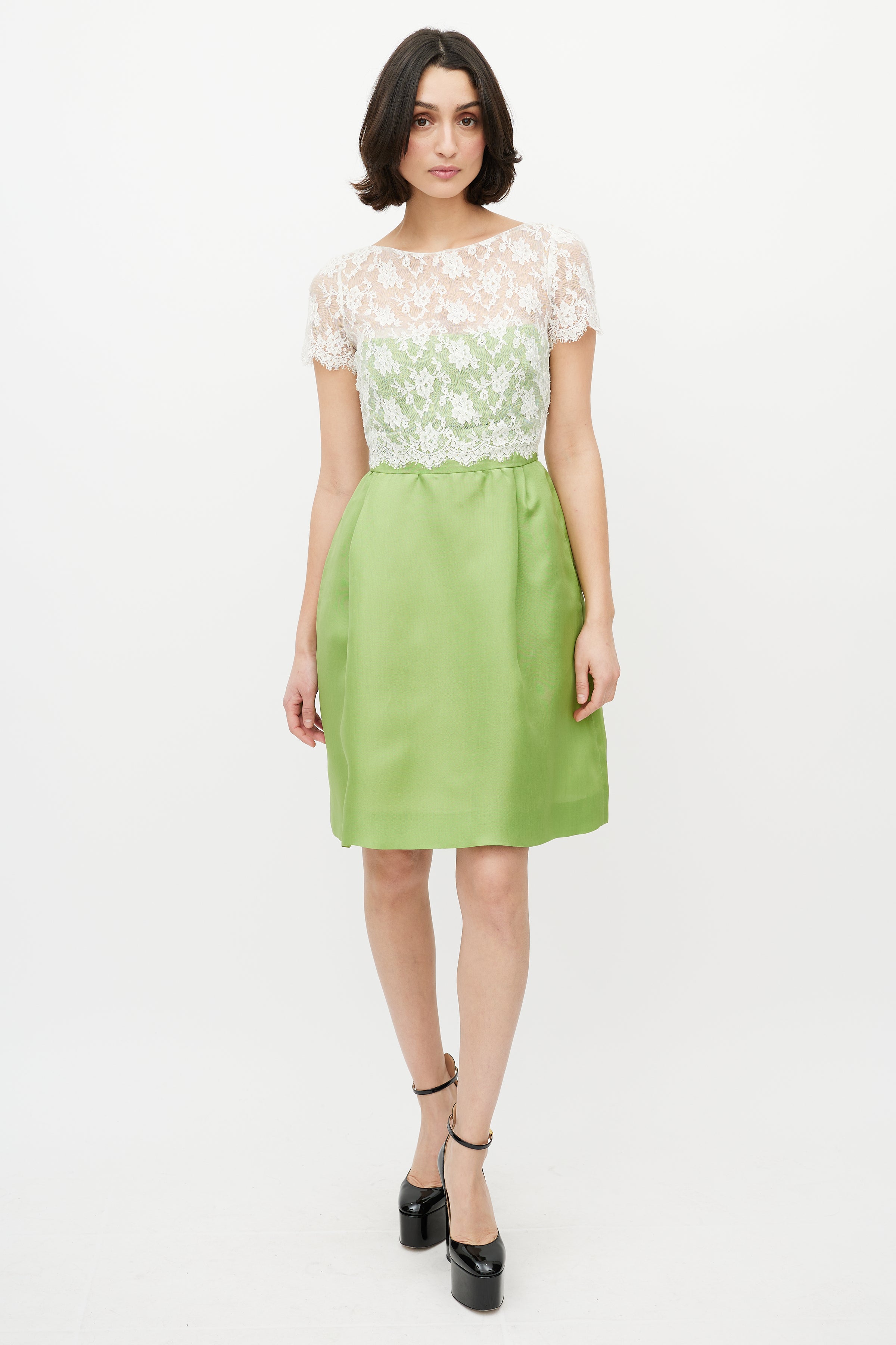 Valentino // White Lace & Green Silk Dress VSP Consignment Valentino // White Lace & Green Silk Dress VSP Consignment
