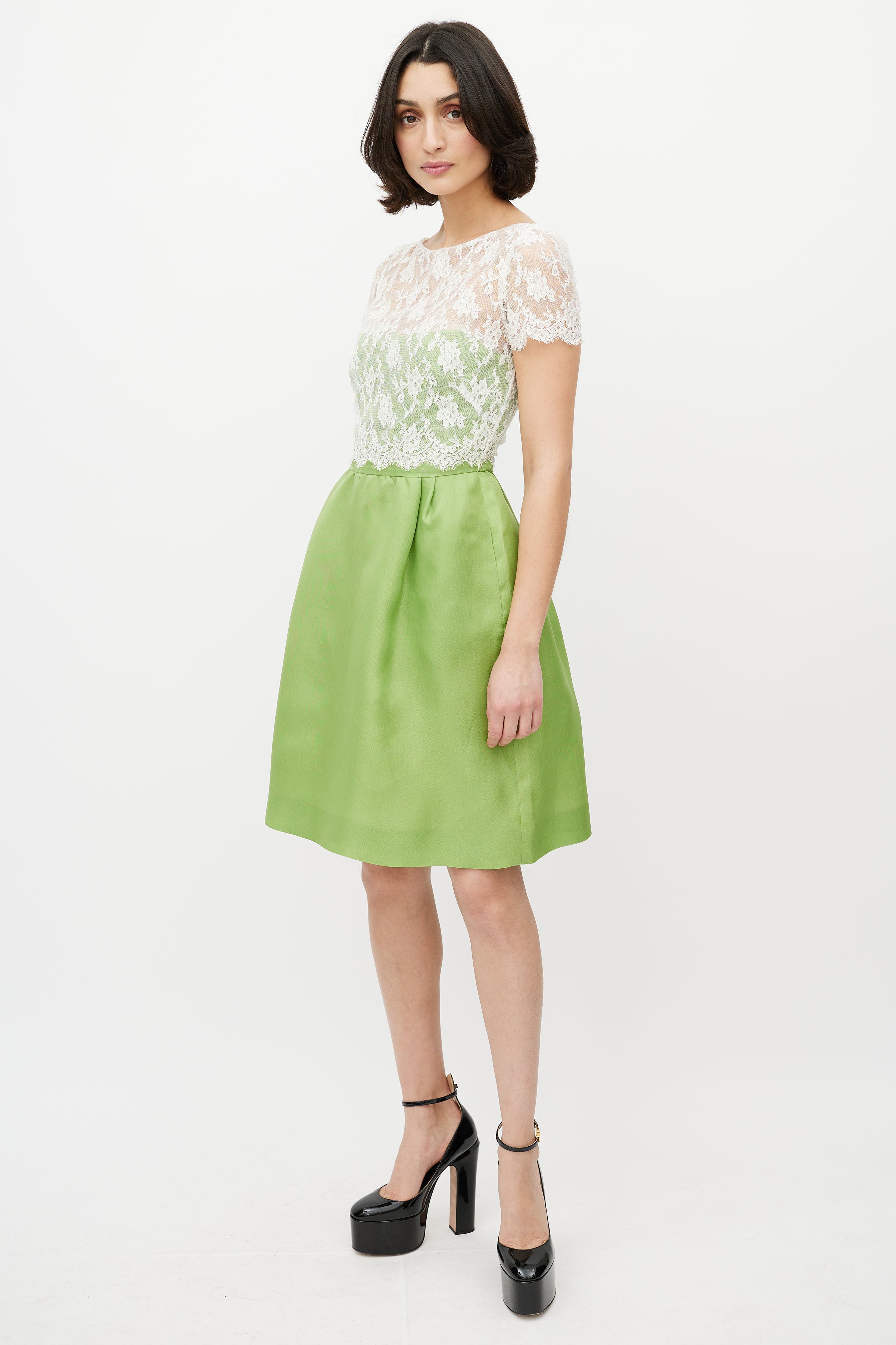 Valentino // White Lace & Green Silk Dress VSP Consignment Valentino // White Lace & Green Silk Dress VSP Consignment