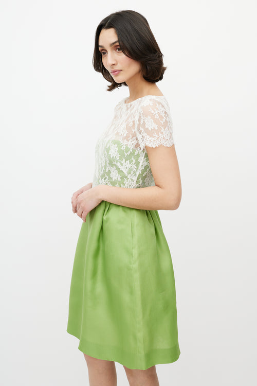 Valentino White Lace & Green Silk Dress