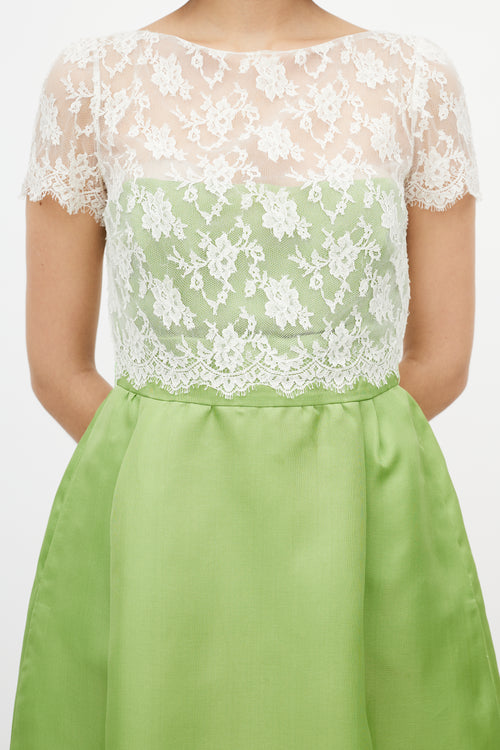 Valentino White Lace & Green Silk Dress