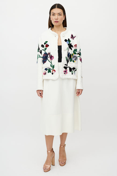 Valentino White & Multicolour Tweed Embroidered Floral Jacket