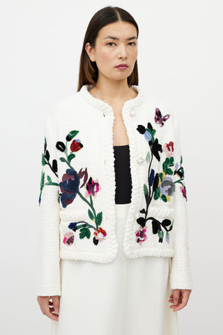 Valentino White & Multicolour Tweed Embroidered Floral Jacket