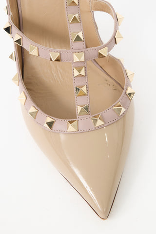 Valentino Beige Patent Leather Rockstud Caged Heel