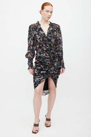 Veronica Beard Navy & Multi Floral Ruched Dress
