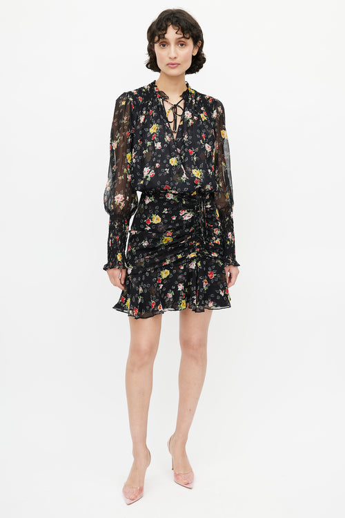 Veronica Beard Black & Multicolour Floral Gathered Dress