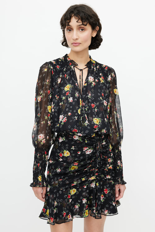 Veronica Beard Black & Multicolour Floral Gathered Dress