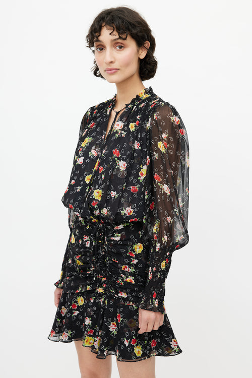 Veronica Beard Black & Multicolour Floral Gathered Dress