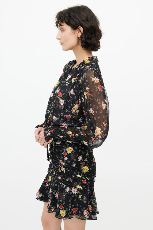 Veronica Beard Black & Multicolour Floral Gathered Dress