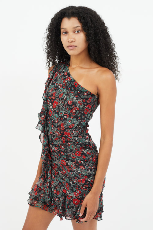 Veronica Beard Black & Multicolour Floral One Shoulder  Dress
