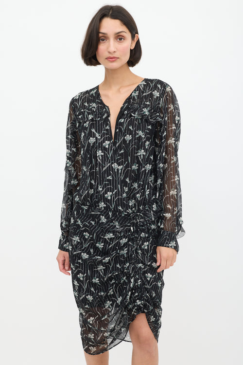 Veronica Beard Black & Multicolour Silk Floral Ruched Dress