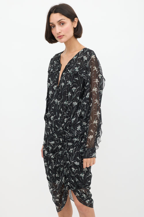 Veronica Beard Black & Multicolour Silk Floral Ruched Dress