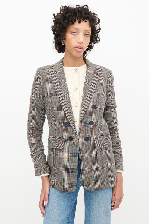 Veronica Beard Brown & Multi Wool Check Ruched Sleeve Blazer