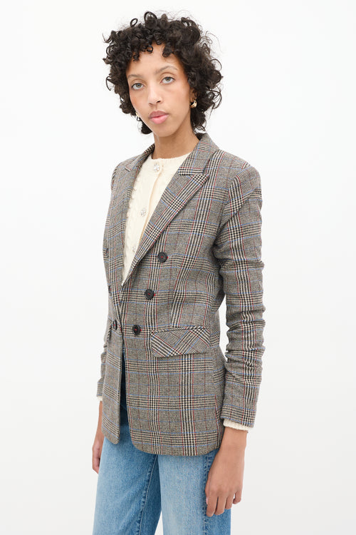 Veronica Beard Brown & Multi Wool Check Ruched Sleeve Blazer