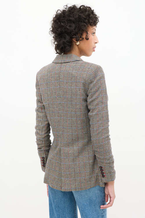 Veronica Beard Brown & Multi Wool Check Ruched Sleeve Blazer