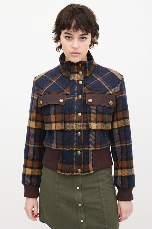 Veronica Beard Brown & Navy Wool Plaid Jacket