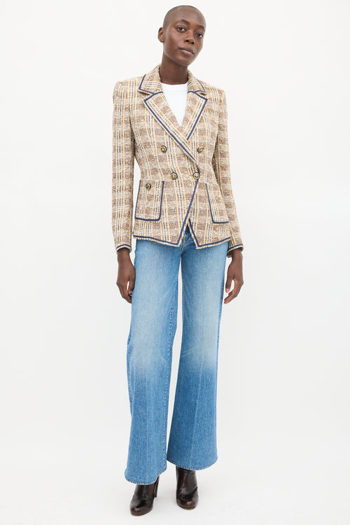 Veronica Beard Beige & Navy Tweed Double Breasted Blazer