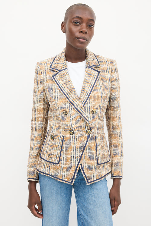 Veronica Beard Beige & Navy Tweed Double Breasted Blazer