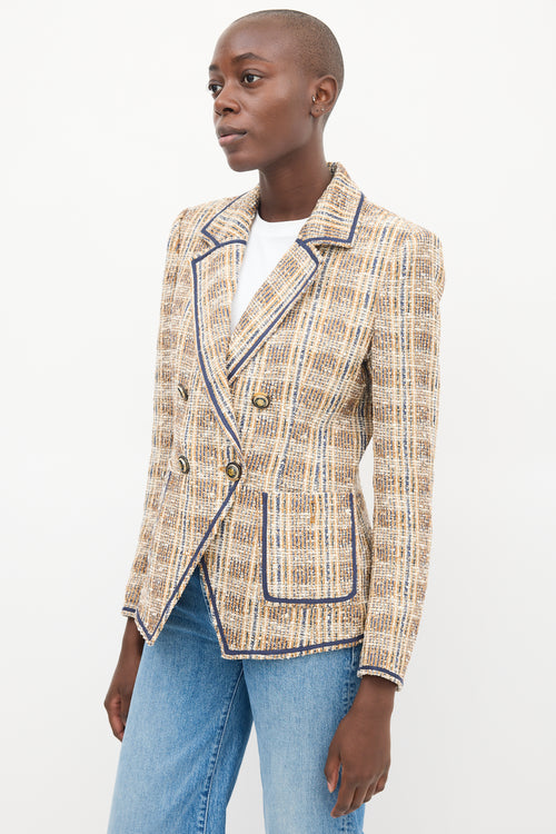 Veronica Beard Beige & Navy Tweed Double Breasted Blazer